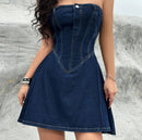 Fashionable Off-shoulder Low Collar Sexy Fishbone Waist Tight Denim Dress