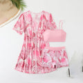Nuevo conjunto de traje de baño de tres piezas para mujer, estampado de manga corta, camisa de vestir exterior