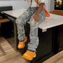 Laminated Ripped Washed Straight Tassle Fashion Casual Jeans