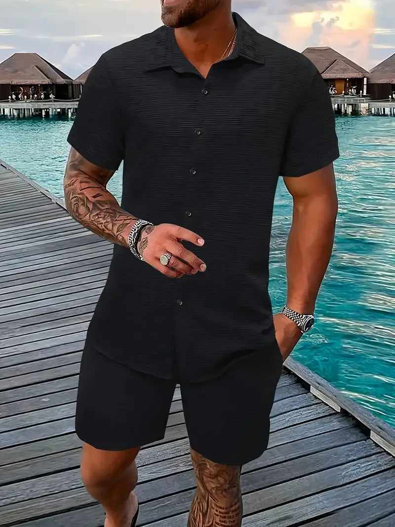 Men's Jacquard Casual Shirt and Shorts Set