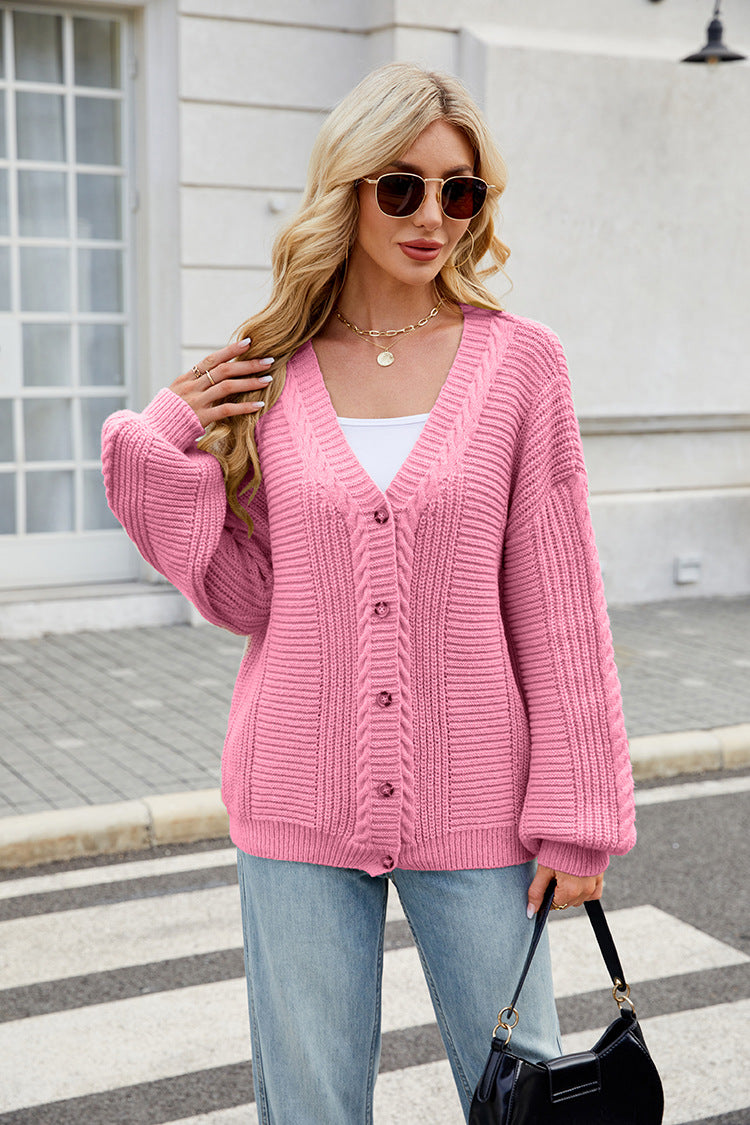 Loose V-Neck Cable Knit Sweater Cardigan