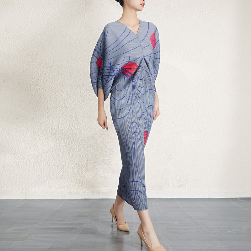 Japanese Printing Long Sleeve V-neck Dress