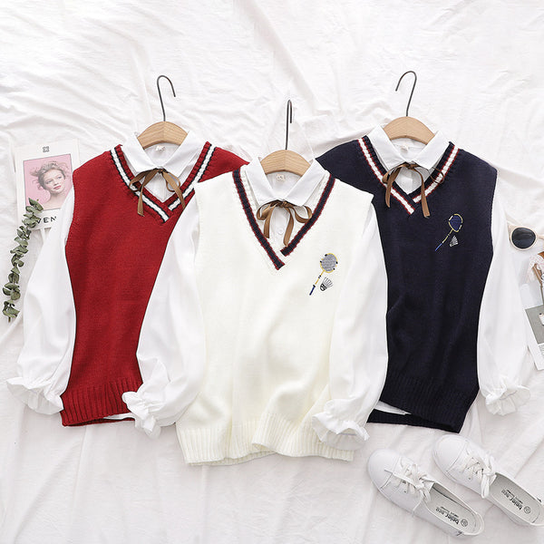 Badminton Embroidery Knit Vest Ruffle Tie Shirt