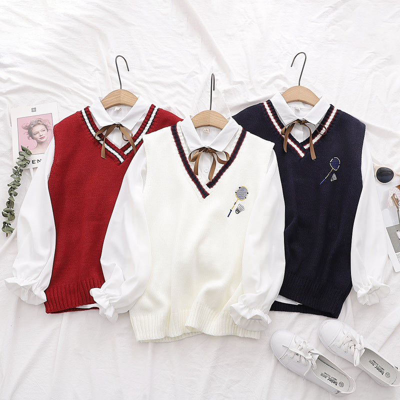Badminton Embroidery Knit Vest Ruffle Tie Shirt