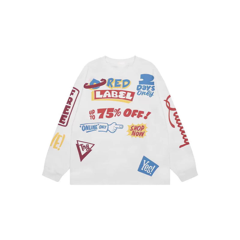 Full Print Color Graffiti Letters Printed Casual Long Sleeve T-Shirt