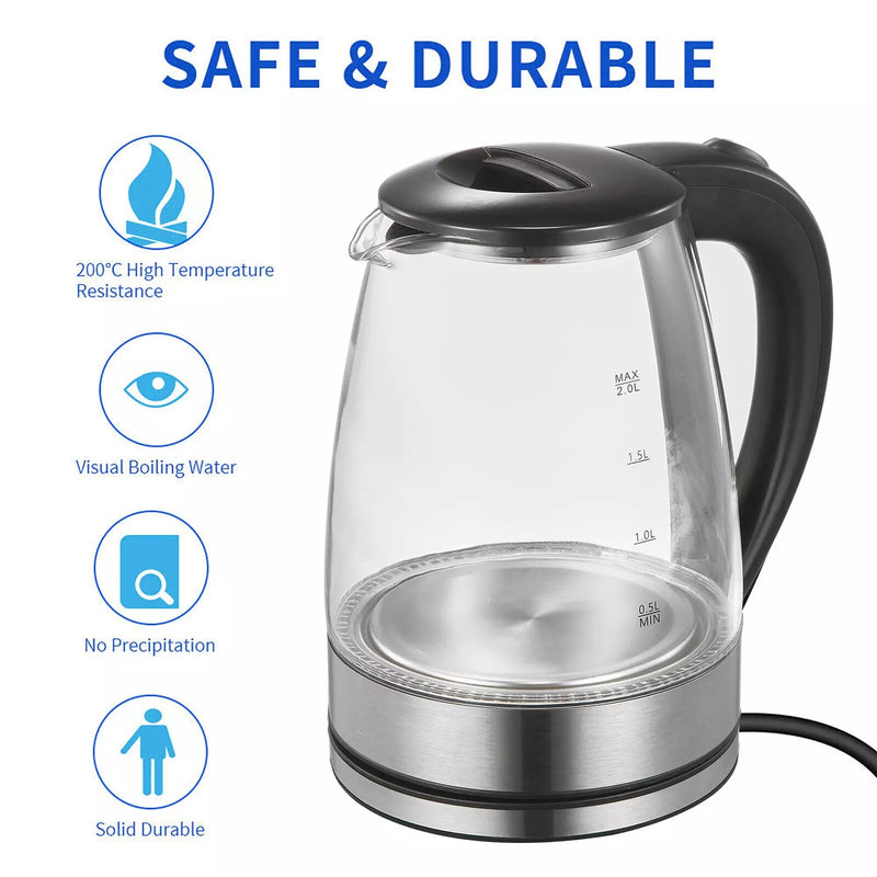 1.8L ELECTRIC KETTLE GLASS 360 BLUE LED ILLUMINATED JUG AUTO SHUT OFF PROTECTION