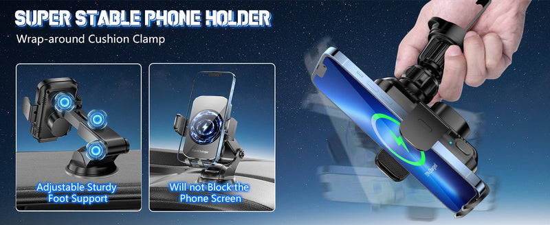 Wireless Car Charger, Fast Charging 15W Auto Clamping Car Charger Phone Holder Phone Mount