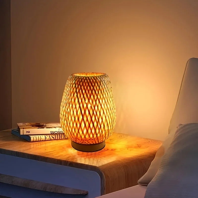 Retro Japanese Style Lamp Bamboo Woven Desk Lamp Handmade Rattan LED Desk Lamp Wooden House Decoration Light - TrendTrove