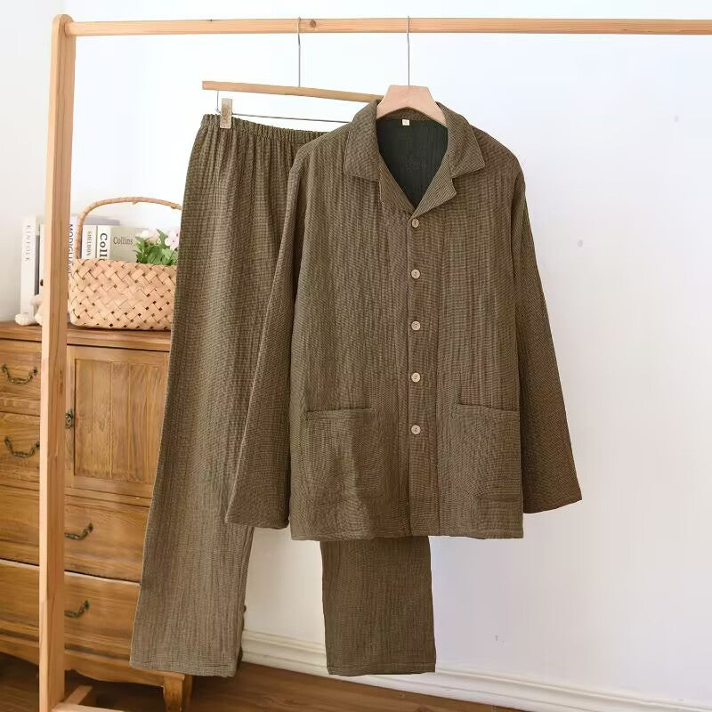 Women's sleepwear made of pure cotton with four layers of gauze, suitable for couples in spring, autumn, and winter. Men's casual plus size set - TrendTrove