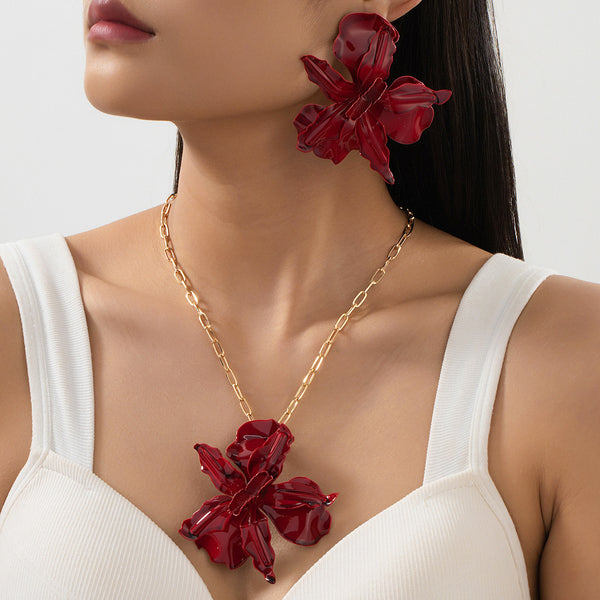 Flower Pendant Necklace and Earrings Set