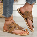 صنادل نسائية سهلة الارتداء ذات مقدمة مفتوحة وكعب مسطح مجوف مرصع بأحجار الراين