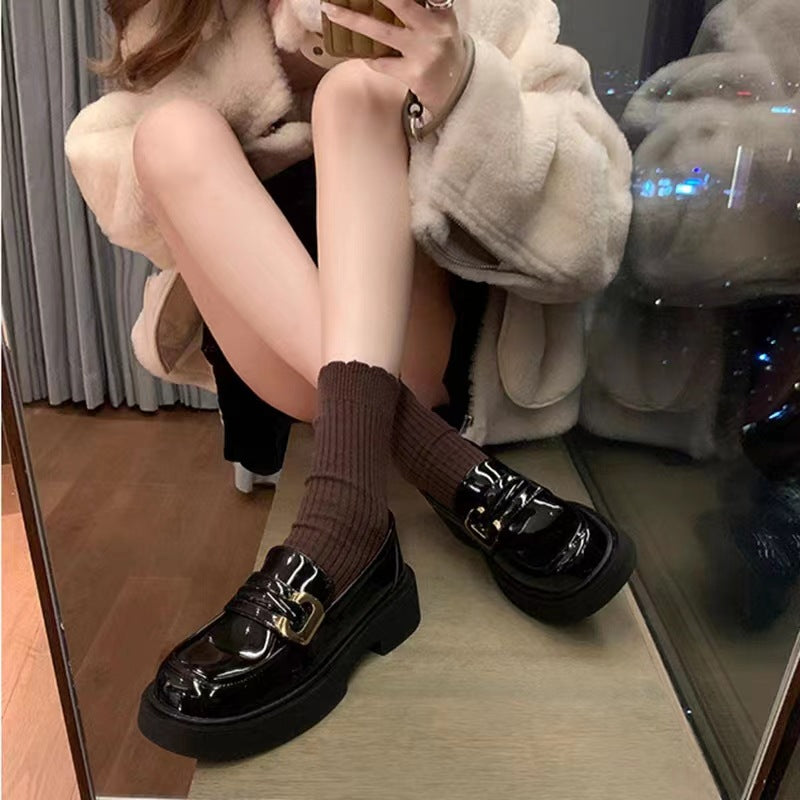 Cowhide Thick-Soled Loafers Black Versatile Leather Shoes