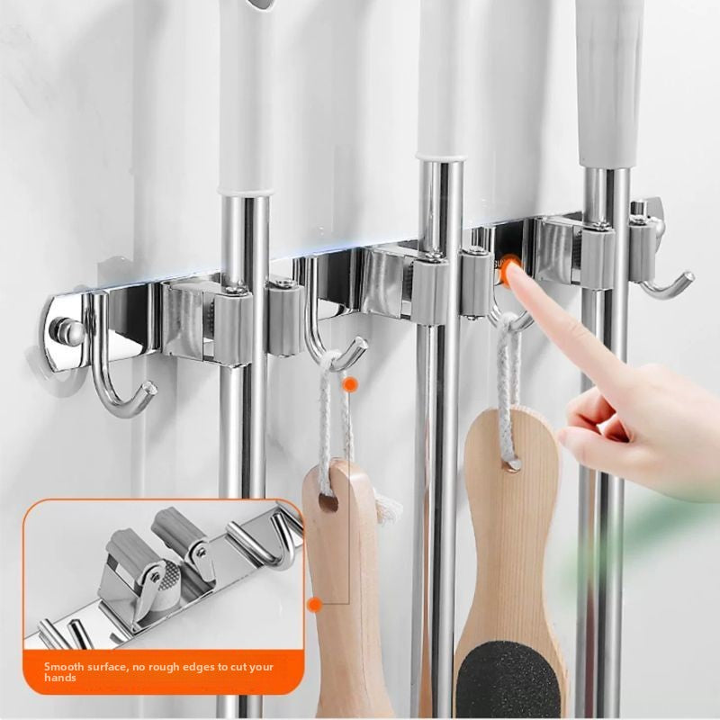 Stainless Steel Wall-Mounted Mop Rack with Hooks and Clips
