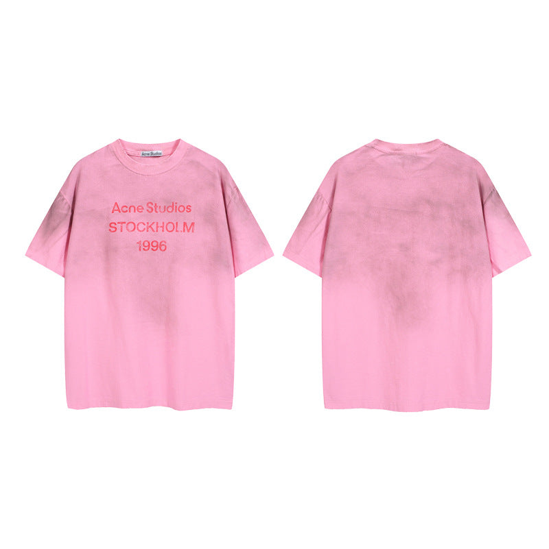 Distressed Washed Gradient Print Cotton T-shirt