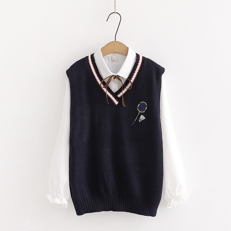 Badminton Embroidery Knit Vest Ruffle Tie Shirt