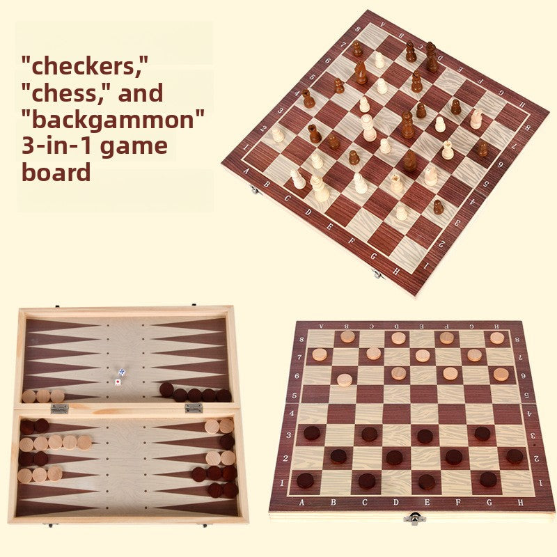 Three-in-One Wooden Chess Checkers Backgammon Board Game Set