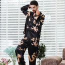 Simulated silk couple sleepwear new long sleeved set men's and women's V-neck silk printed dragon and phoenix home clothes - TrendTrove
