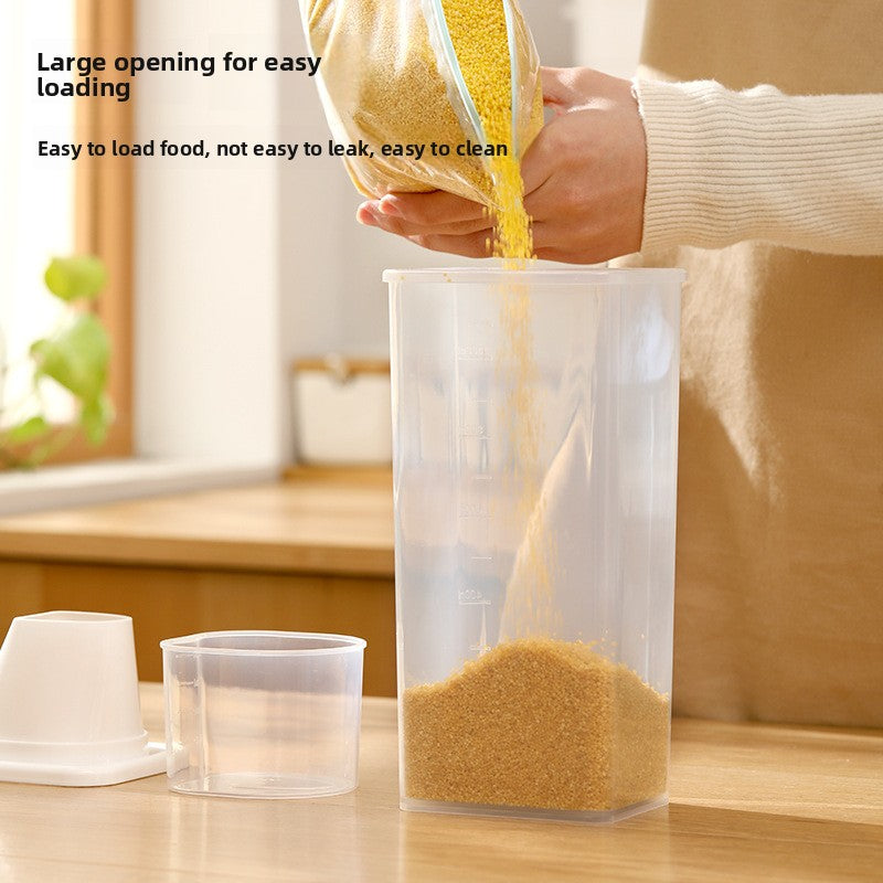 With marked measuring cups and a rice bucket