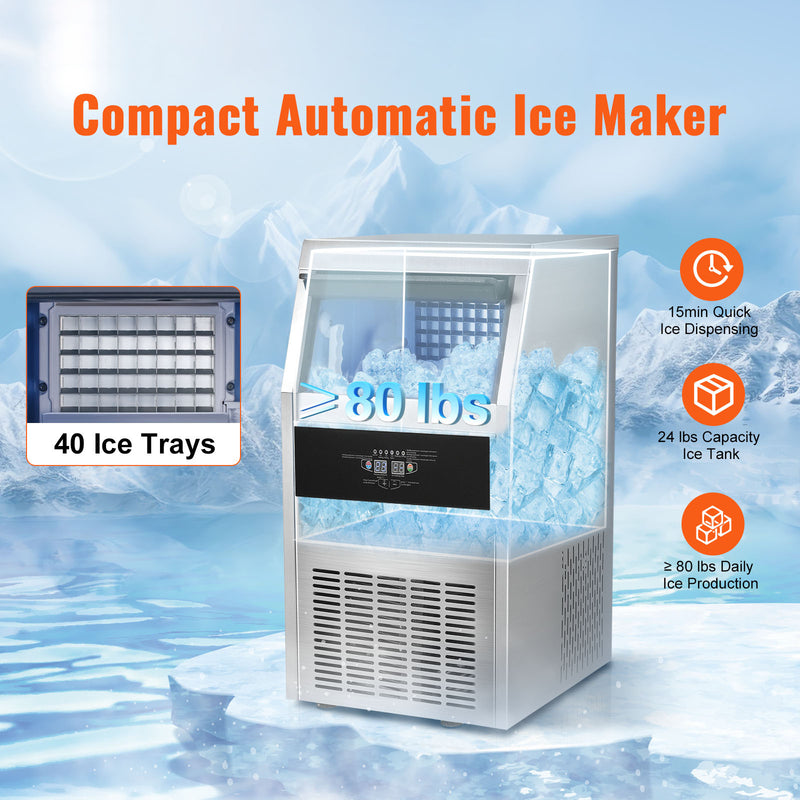 VEVOR 110V Commercial Ice Maker 80LBS 24H With 24lbs Storage Capacity Stainless Steel Commercial Ice Machine 40 Ice Cubes Per Plate Industrial Ice Maker Machine Auto Clean For Bar Home Supermarkets