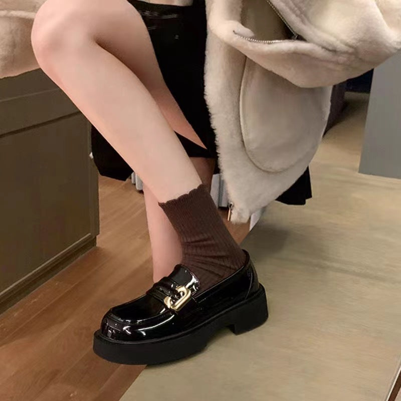 Cowhide Thick-Soled Loafers Black Versatile Leather Shoes