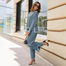 Conjunto de dos piezas de punto para mujer, manga larga, top holgado, pantalones de pierna ancha