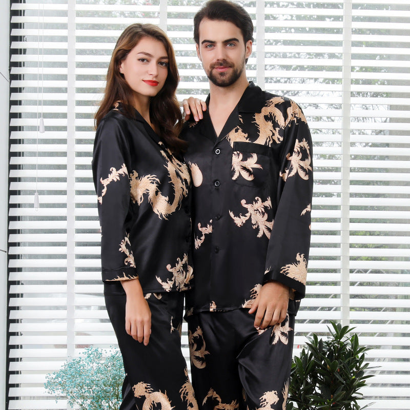 Simulated silk couple sleepwear new long sleeved set men's and women's V-neck silk printed dragon and phoenix home clothes - TrendTrove