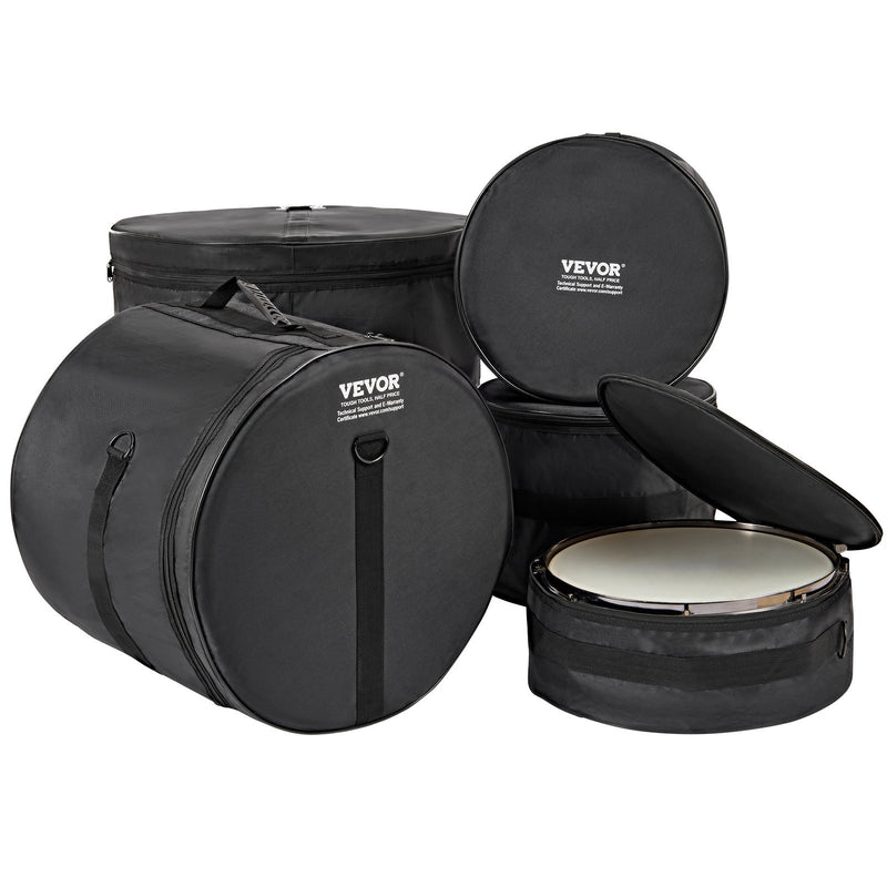 VEVOR 5-Piece Drum Bag Set, 1680D Oxford Fabric, Padded Drum Bags And Cases With 4.92 Ft Detachable Shoulder Strap Carry Handles Foldable Design, For 22'' Kick 12'' Tom 13'' Tom 16'' Tom 14'' Snare