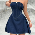 Fashionable Off-shoulder Low Collar Sexy Fishbone Waist Tight Denim Dress