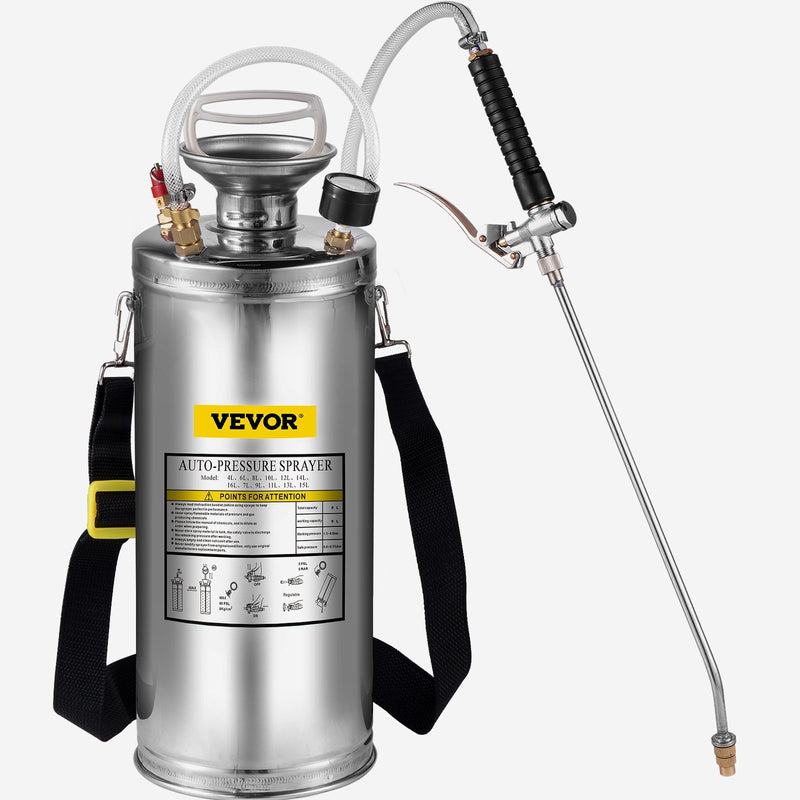 VEVOR 2Gal Stainless Steel Sprayer, Set With Wand  Handle& 3FT Reinforced Hose, Hand Pump Sprayer With Pressure Gauge&Safety Valve, Adjustable Nozzle Suitable For Gardening And Sanitizing