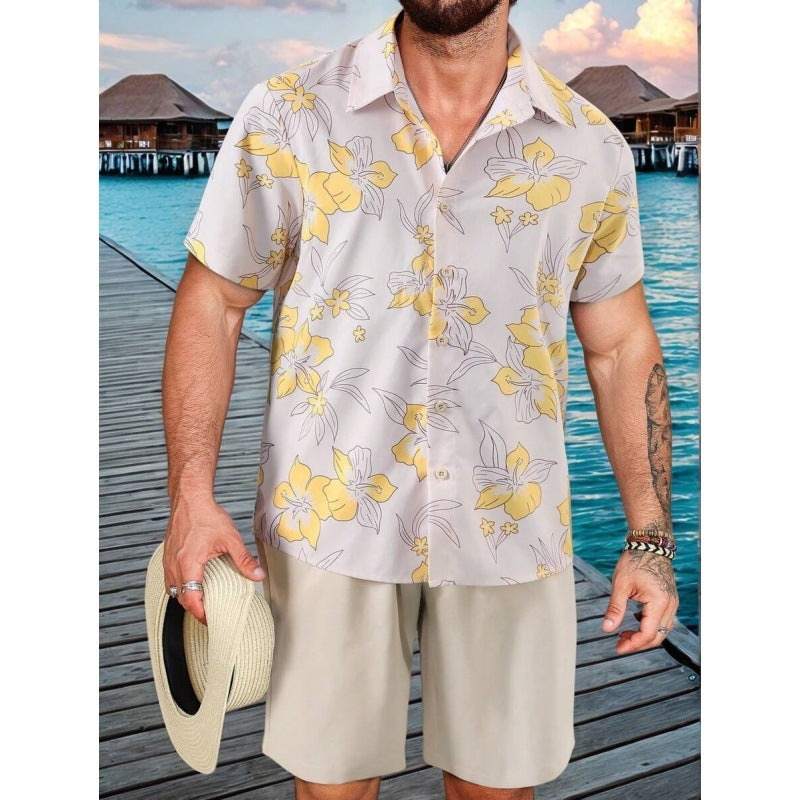 Men's Short-Sleeved Shirt and Beach Pants Set
