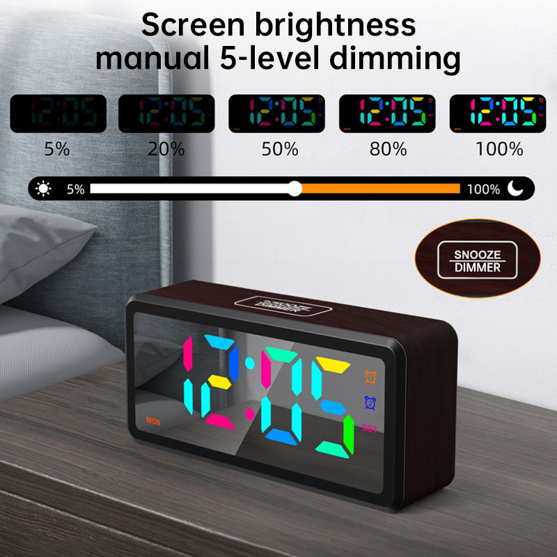 LED Wood-Grain Wooden Clock, RGB Color-Changing Dimming, Daylight Saving Time & Week Display, Desktop Electronic Alarm Clock - TrendTrove