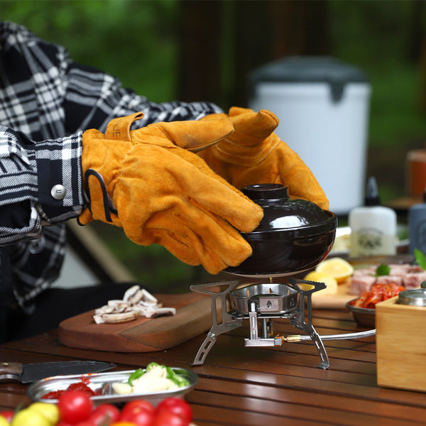 Outdoor BBQ flame-retardant gloves thickened cowhide cover wear-resistant camping protective cover - TrendTrove