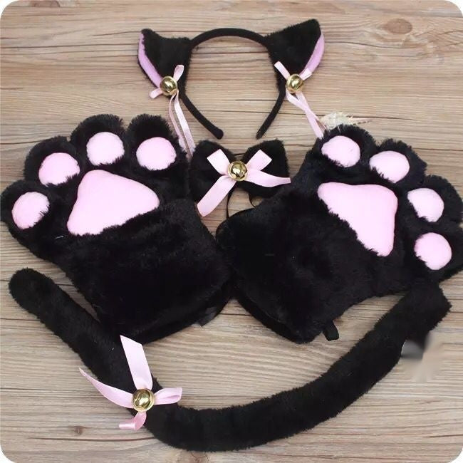Selling Cute Suit Cat's Paw Gloves 5-piece Set Maid Nekopara Cat's Paw Bow Tie