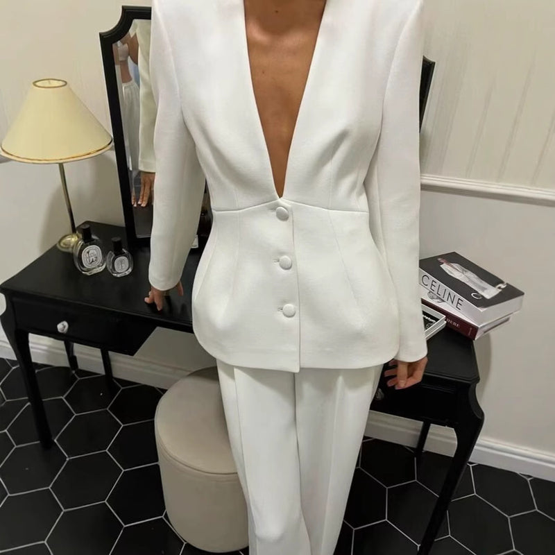 V-neck Suit Coat Straight Wide Leg Pants Two-piece Set