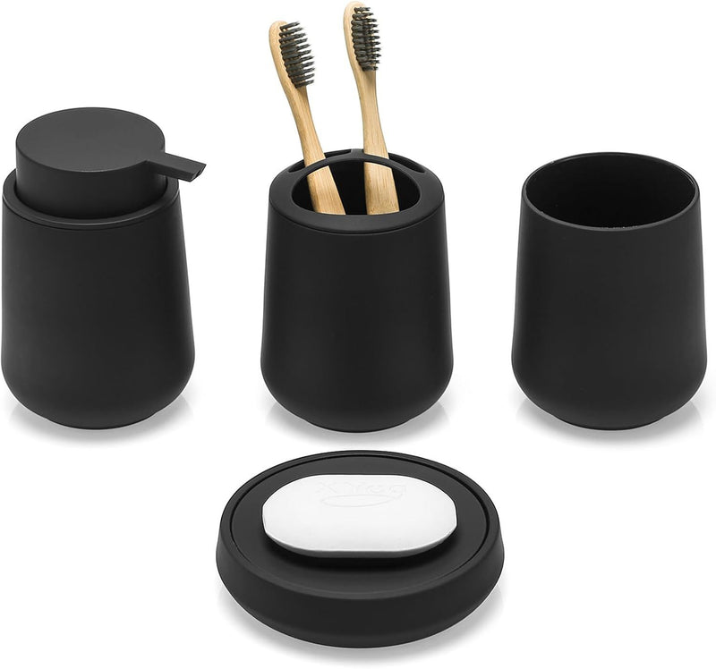 Matte Black Bathroom Accessories Set Plastic Soap Dispenser Toothbrush Holder Cup Soap Dish For Modern Bathroom Decor
