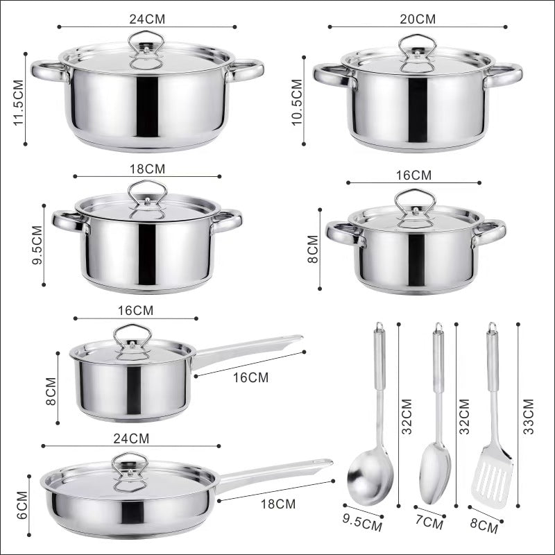 Stainless Steel Cookware Set 15-Piece Kitchen Pots and Pans