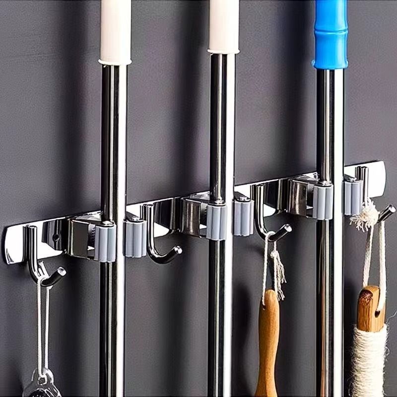 Stainless Steel Wall-Mounted Mop Rack with Hooks and Clips