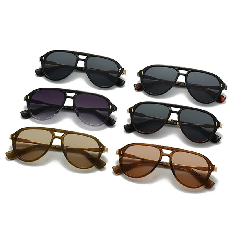 Retro Double Bridges Pilot Men Sunglasses Fashion Brand Designer Shades  Trending Rivets Women Luxury Sun Glasses