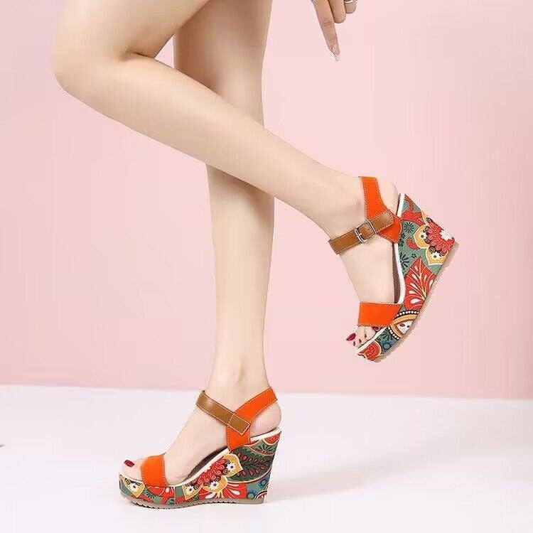 Ethnic Print Buckle Strap Wedge Sandals for Women