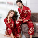 Simulated silk couple sleepwear new long sleeved set men's and women's V-neck silk printed dragon and phoenix home clothes - TrendTrove