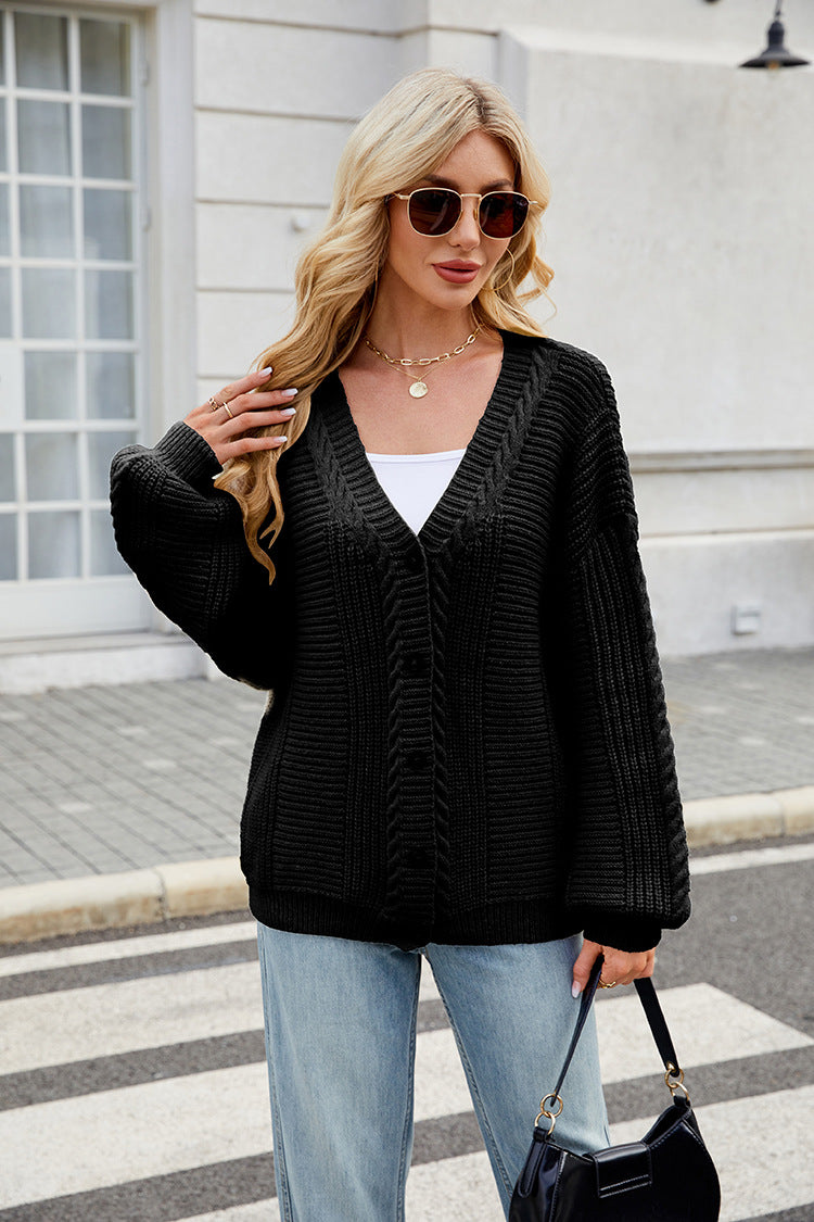 Loose V-Neck Cable Knit Sweater Cardigan