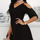 Ladies' V-neck Fashionable Loose Off Shoulder Half Sleeved One Shoulder Crochet Lace Hollow Out Casual Mini Dress
