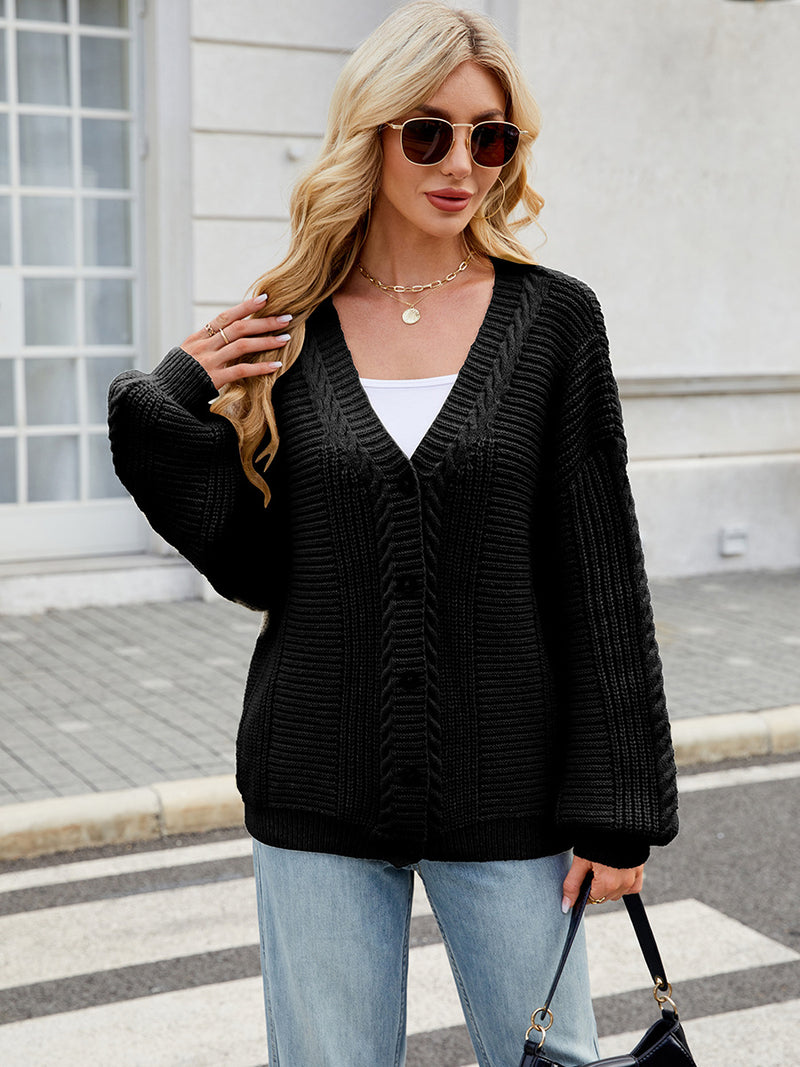 Loose V-Neck Cable Knit Sweater Cardigan