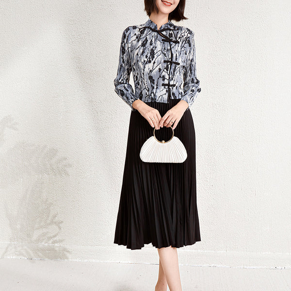 Women's Fake Two-piece Ink Painting Midi Dress