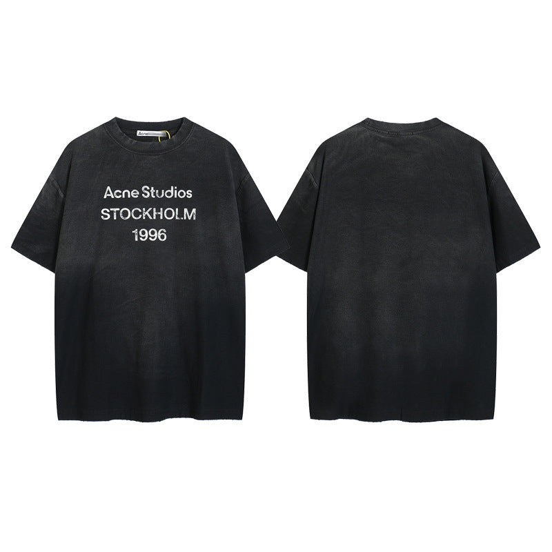Distressed Washed Gradient Print Cotton T-shirt