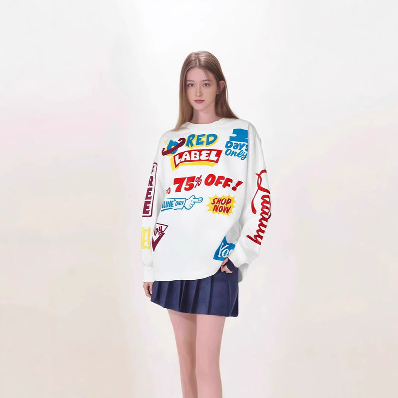 Full Print Color Graffiti Letters Printed Casual Long Sleeve T-Shirt