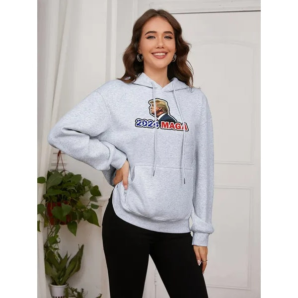 Women Basic Sweatshirt Casual Hooded Sweatshirt Autumn Winter Padded Long Sleeve Trump Maga 2024 Printed Top Oversize