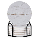 Set Of 6 Beverage Coasters With Stand Round 4in Ceramic Coaster With Metal Stand Absorbent Marble Stone Coaster With Cork Base