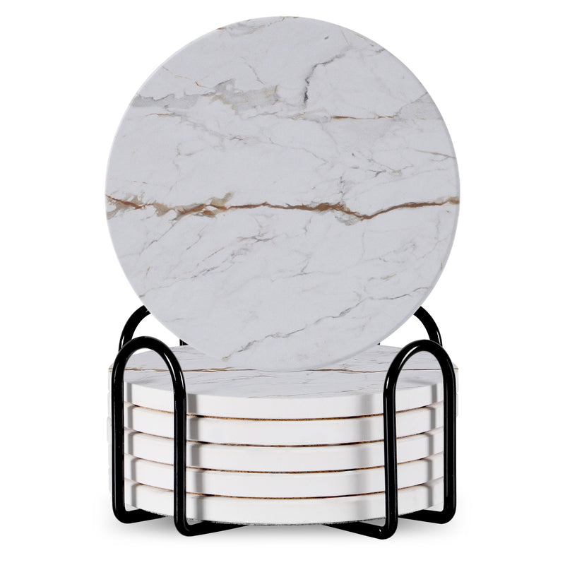 Set Of 6 Beverage Coasters With Stand Round 4in Ceramic Coaster With Metal Stand Absorbent Marble Stone Coaster With Cork Base