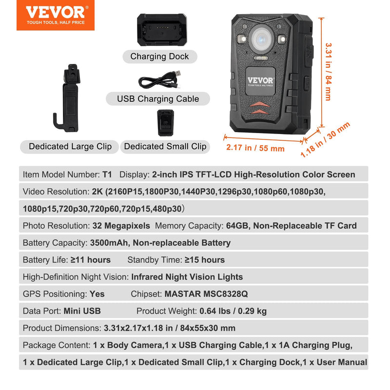 VEVOR 1440P HD Police Body Camera, 64GB Body Cam With Audio Video Recording Picture, Built-in 3500 MAh Battery, Infrared Night Vision, Waterproof GPS Personal Body Cam For Law Enforcement